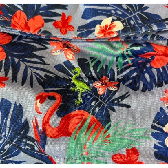 Mens Tailor Byrd Tropical Flamingo Print Blue/Red Wicking SPF 30 Polo Shirt - L - Picture 4 of 6